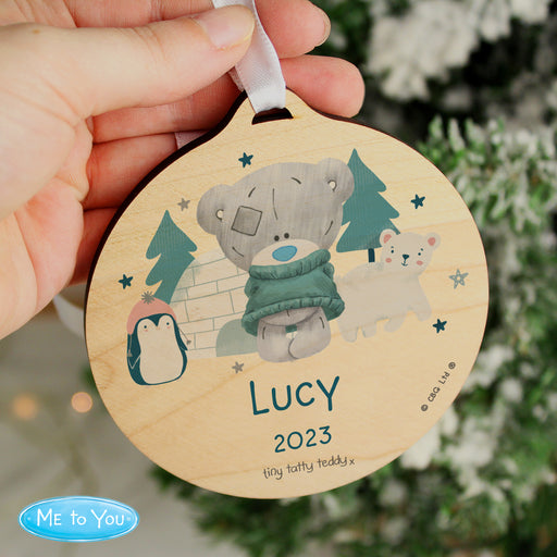 Personalised Winter Explorer Tiny Tatty Teddy Round Wooden Decoration - The Gift Cabin UK