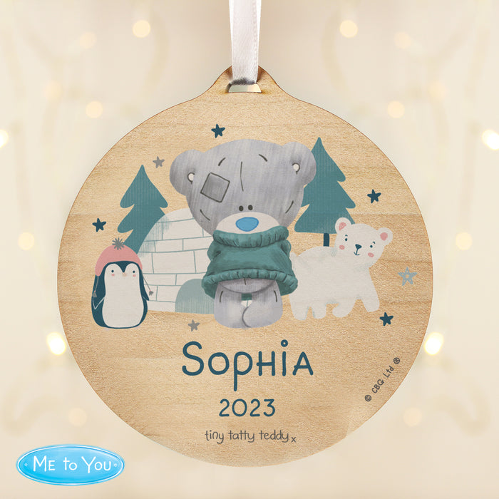 Personalised Winter Explorer Tiny Tatty Teddy Round Wooden Decoration - The Gift Cabin UK