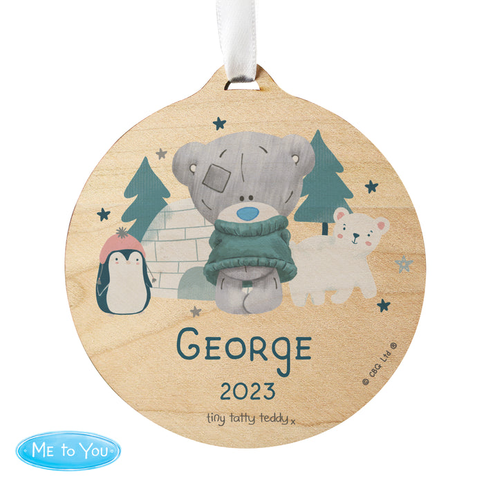 Personalised Winter Explorer Tiny Tatty Teddy Round Wooden Decoration - The Gift Cabin UK