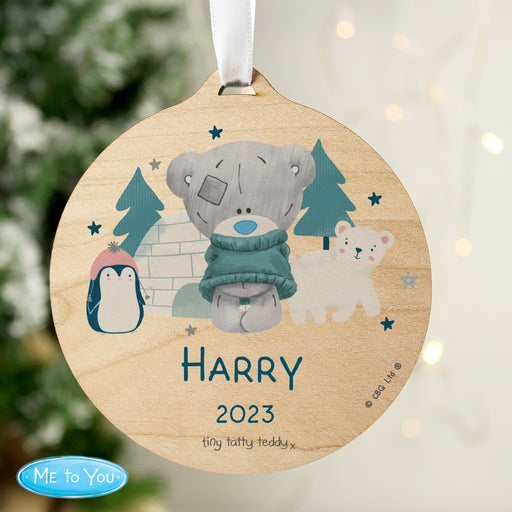 Personalised Winter Explorer Tiny Tatty Teddy Round Wooden Decoration - The Gift Cabin UK