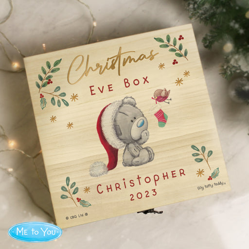 Personalised Winter Christmas Eve Tiny Tatty Teddy Large Wooden Keepsake Box - The Gift Cabin UK