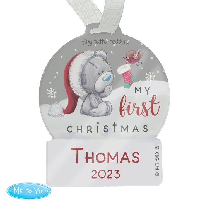 Personalised First Christmas Tiny Tatty Teddy Acrylic Snow Globe Decoration - The Gift Cabin UK