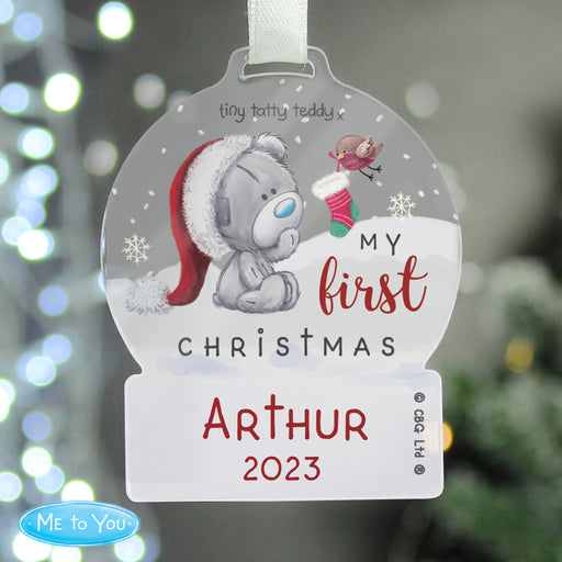 Personalised First Christmas Tiny Tatty Teddy Acrylic Snow Globe Decoration - The Gift Cabin UK