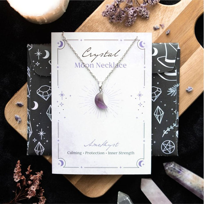 Amethyst Crystal Moon Necklace on Greeting Card - The Gift Cabin UK