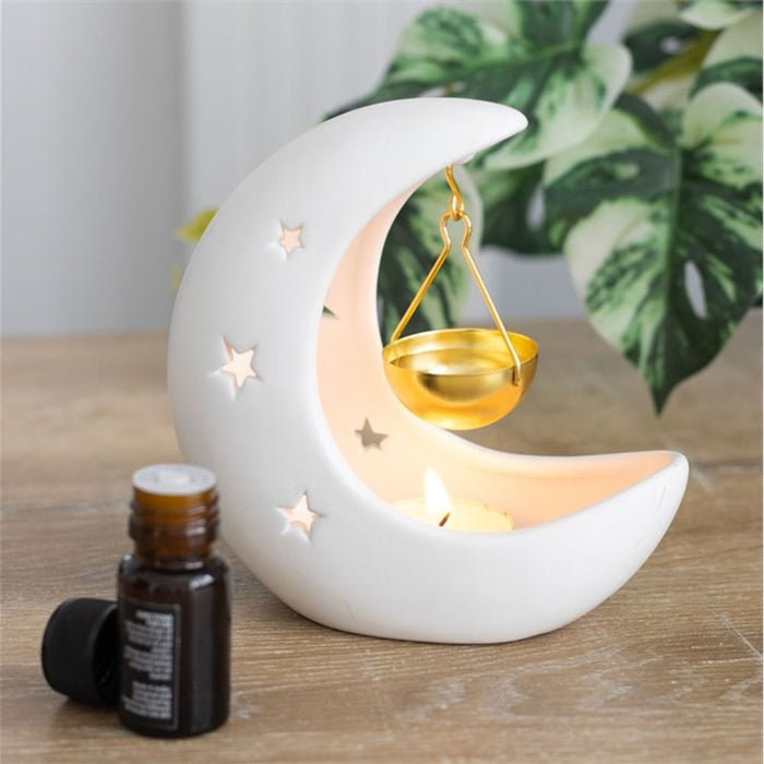 White Crescent Moon Hanging Oil Burner with Gold Dish - The Gift Cabin UK