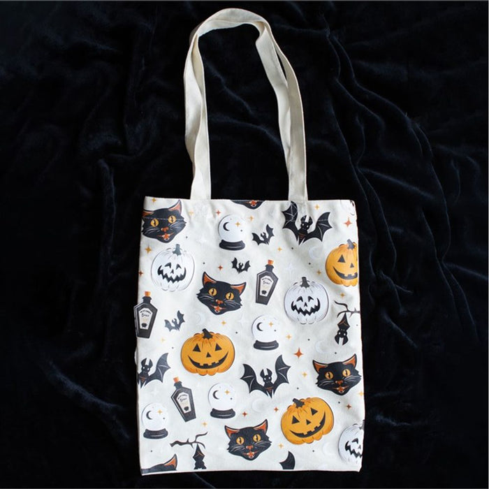 Spooky Cat and Pumpkin Print Polycotton Tote Bag - The Gift Cabin UK