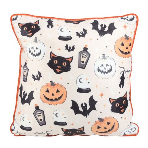 35cm Square Spooky Cat and Pumpkin Print Cushion - The Gift Cabin UK