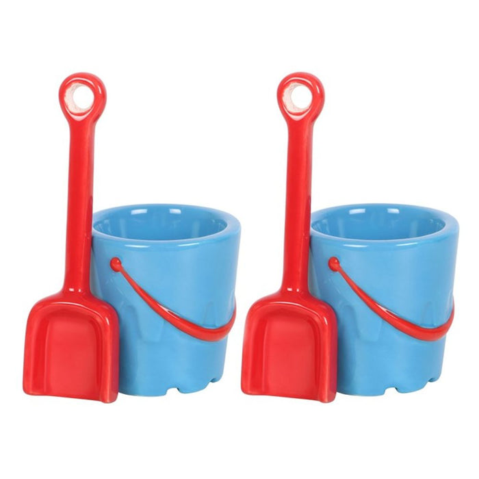 Set of 2 Bucket Shaped Ceramic Egg Cups with Spade Spoons - The Gift Cabin UK