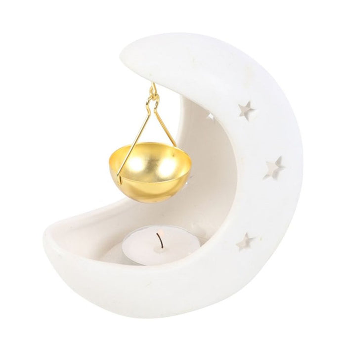 White Crescent Moon Hanging Oil Burner with Gold Dish - The Gift Cabin UK