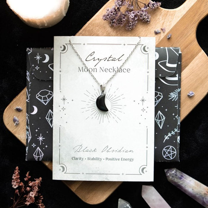 Black Obsidian Crystal Moon Necklace on Greeting Card - The Gift Cabin UK